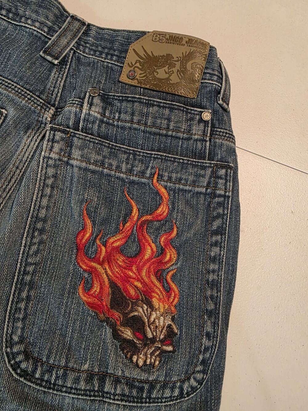 JNCO Jeans Boys 12H Husky Flame Skull Embroidered Baggy Denim Y2K